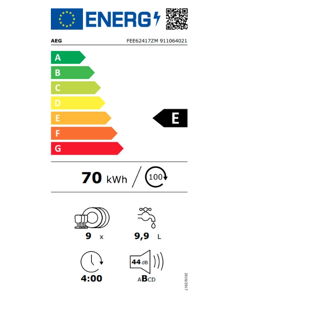 AEG FEE62417ZM Εντοιχιζόμενο Πλυντήριο Πιάτων για 9 Σερβίτσια Π44.6xY81.8εκ. Λευκό